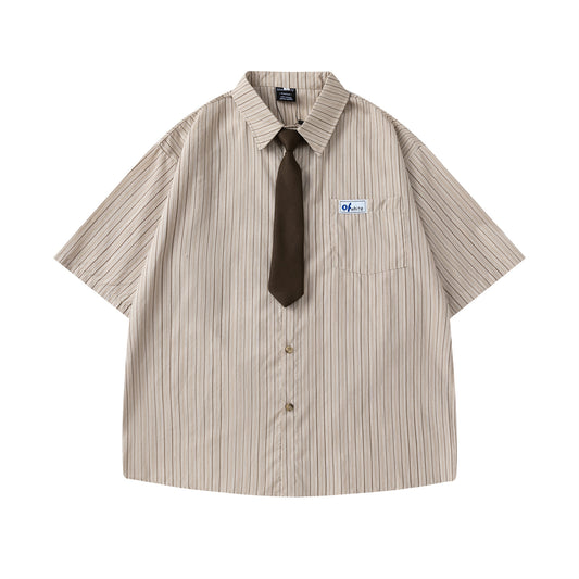 Striped Short-Sleeved Shirt Unisex College Style  Loose Fit All-Match Dress Shirt with Tie - The Nex Store