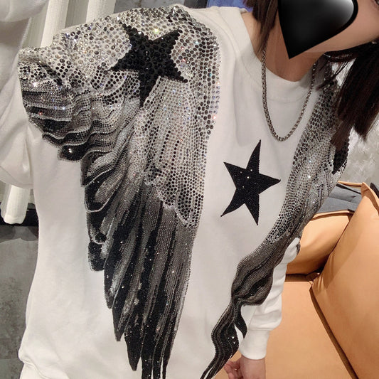 Autumn and winter luxury fashion hoodie for men and women, heavy-duty hot stamping, full diamond, large wings, wings, round neck pullover, couple style - The Nex Store