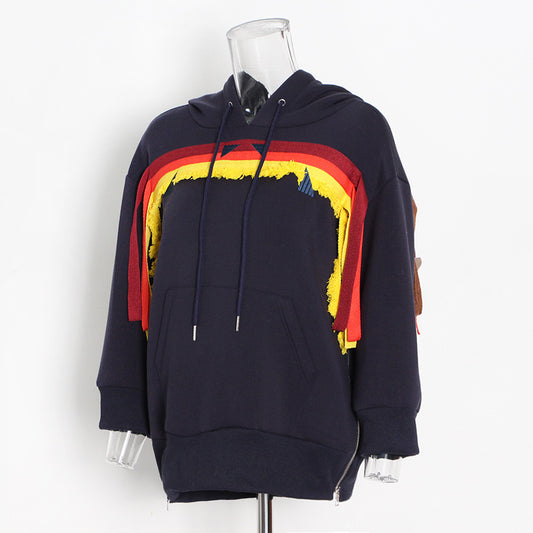 Design inspired hoodie with color blocking embroidery hooded cover and lace up top for women - The Nex Store