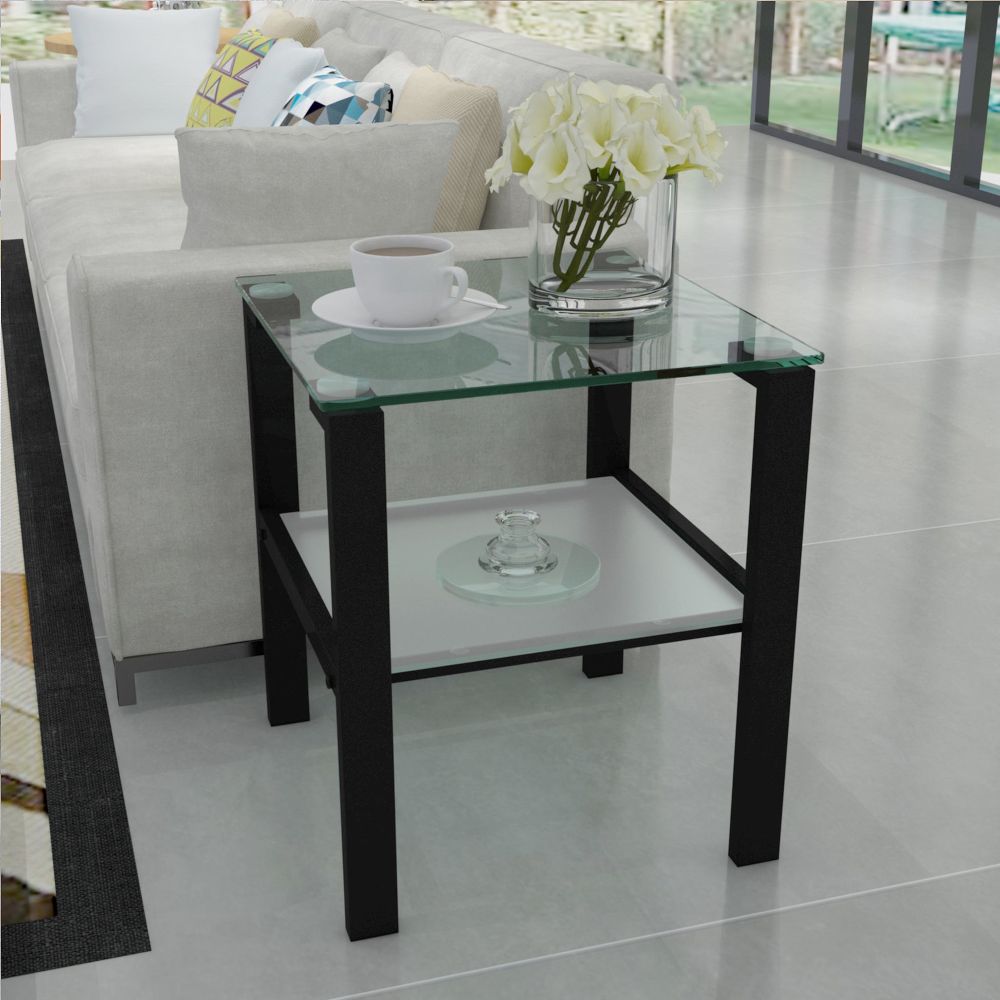 Glass two layer tea table, small round table, bedroom corner table, living room black side table - The Nex Store