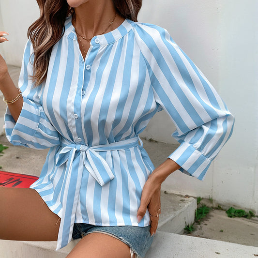 Striped lace up V-neck seven quarter sleeved shirt top for women - The Nex Store