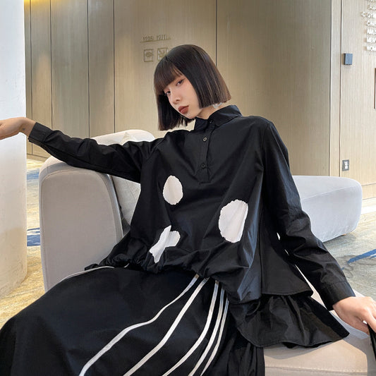 Retro Hong Kong style circle printed long sleeved shirt for women in spring and autumn, new loose and slimming design, niche pleated shirt - The Nex Store