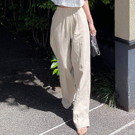 Cotton Linen High-Waist Drawstring Elastic Waist Casual Pants Women Loose Ankle-Length Trousers Summer New Breathable Slimming Straight Leg Pants - The Nex Store