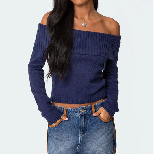 Autumn and Winter New Top Women's Solid Color One Piece Collar Off Shoulder Long Sleeve Hoodie Sweater for Women - The Nex Store