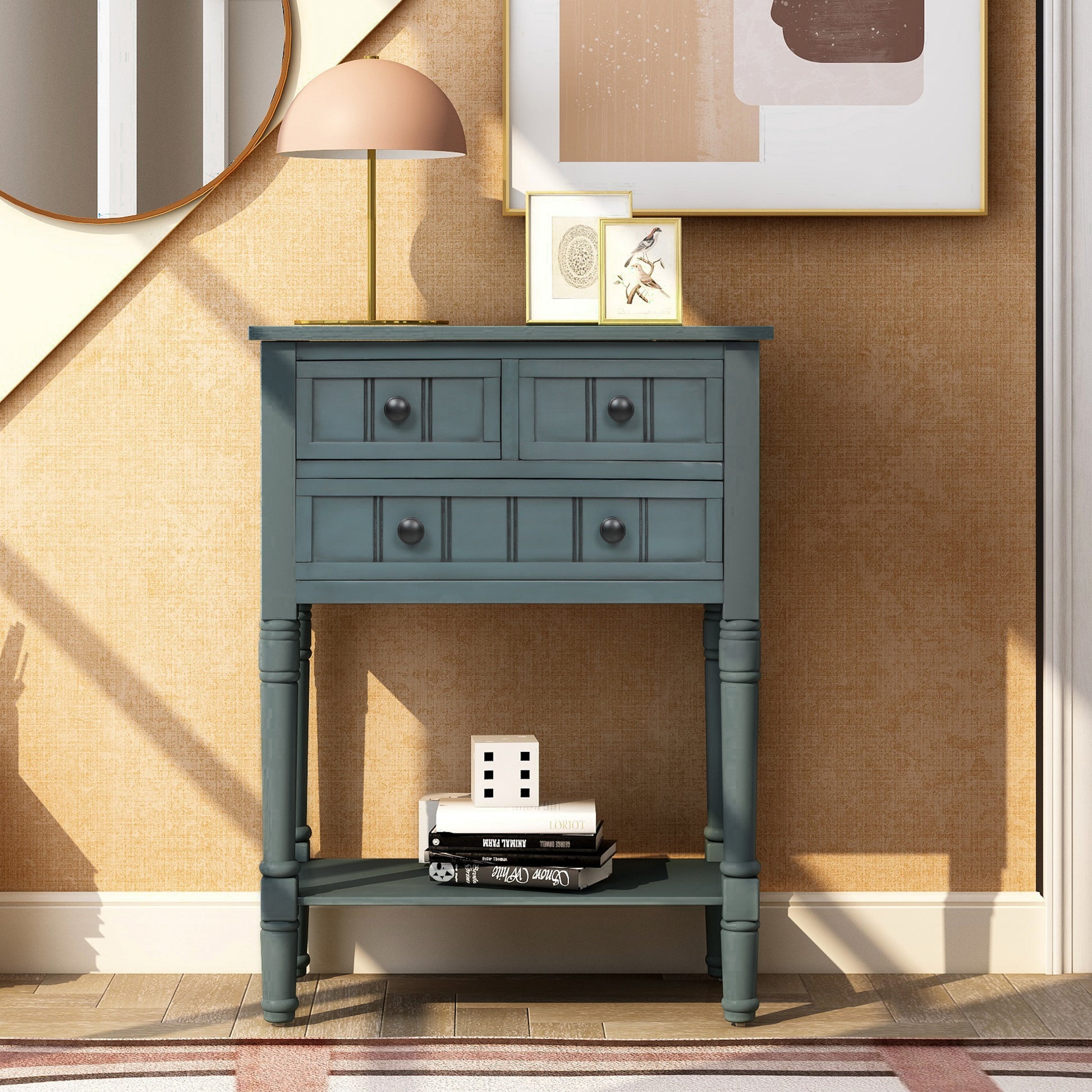 TREXM Narrow Console Table, Slim Sofa Table with Three Storage Drawers and Bottom Shelf for Living Room, Easy Assembly (Navy) - The Nex Store