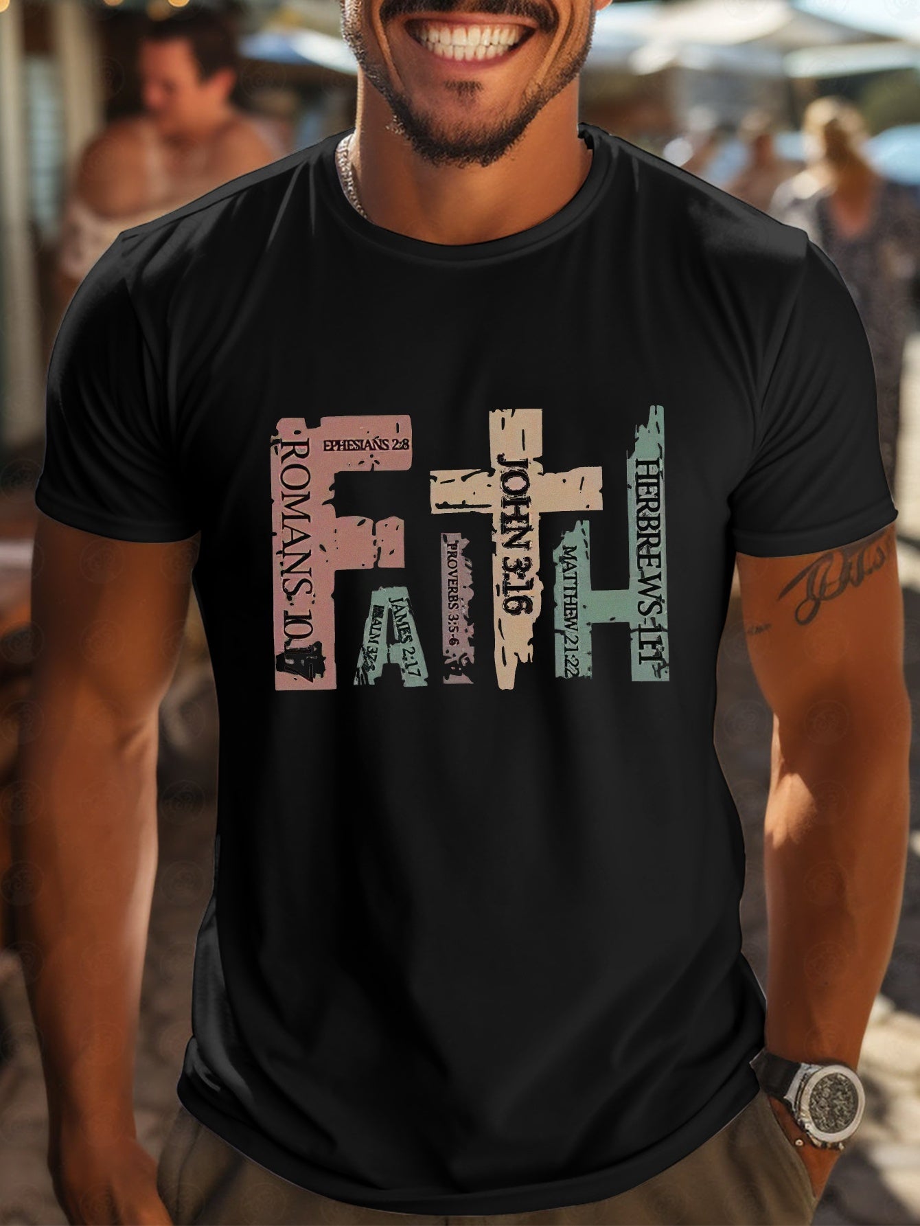 Men's Casual Round Neck T-shirt With Inspirational Bible Scripture Print, Regular Style Short Sleeved Knitted Fabric Top, Suitable For Summer Outings - The Nex Store