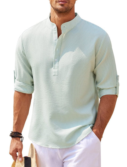Men's Casual Shirt  Long Sleeve Stand Collar Solid Color Shirt Mens Clothing - The Nex Store