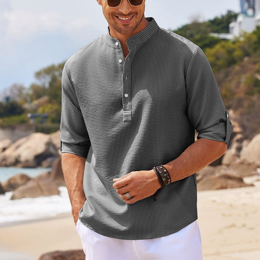 Men's Casual Shirt  Long Sleeve Stand Collar Solid Color Shirt Mens Clothing - The Nex Store