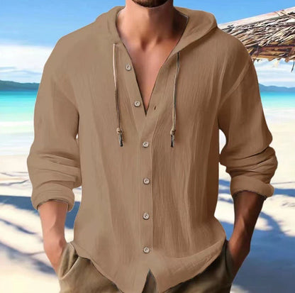 Cotton And Linen Shirt Hooded Sweater Button Long Sleeve - The Nex Store