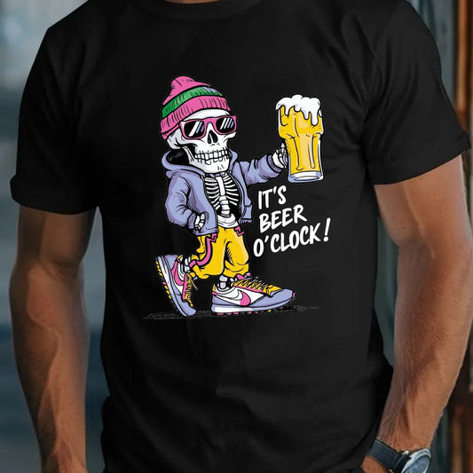 Sunglasses Hollowed Out Handheld Beer Graphic Printed Men's Round Neck Short Sleeved T-shirt, Casual And Comfortable Multifunctional Top For Spring And Summer - The Nex Store